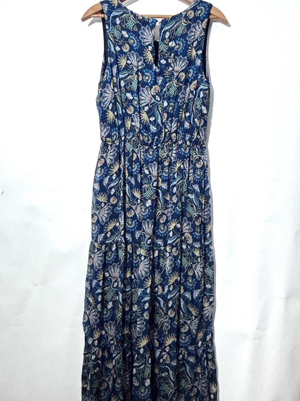 Anthropologie Lara Guidotti Tiered Silk Navy Blue Floral Maxi Dress Large